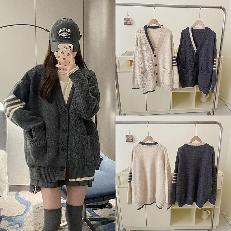 

Korean Preppy Style Casual V-neck Sweater Jacket New Autumn Winter Loose Single-breasted Striped Knit Cardigan Women's Coat