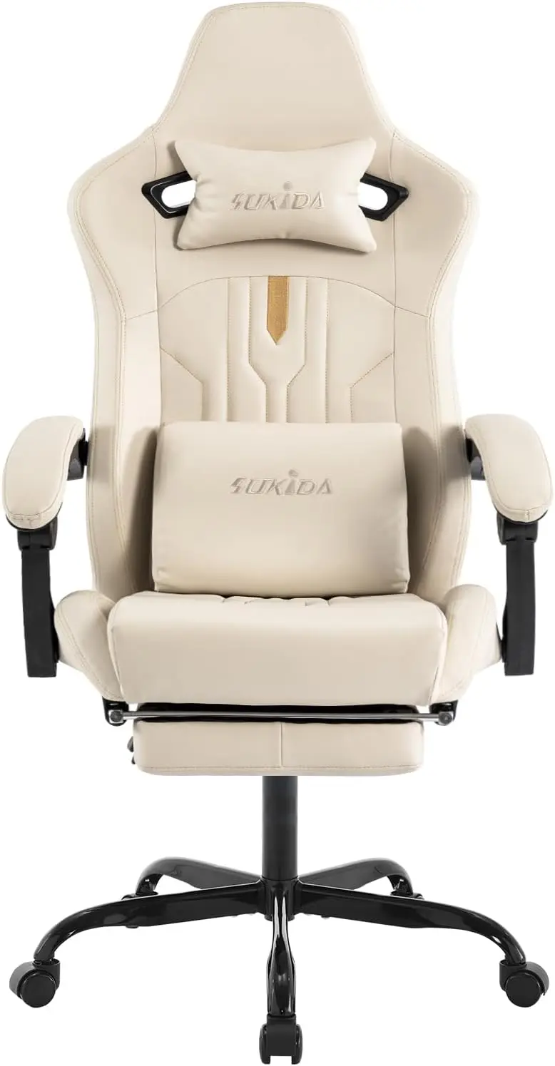 Gaming Chair with Footrest Ergonomic Computer Chair Massage Lumbar Cushion, Racing Video Game Chair Adjustable Rocker Recliner Executive Office Desk Chair Pu Leather for Adults, Beige