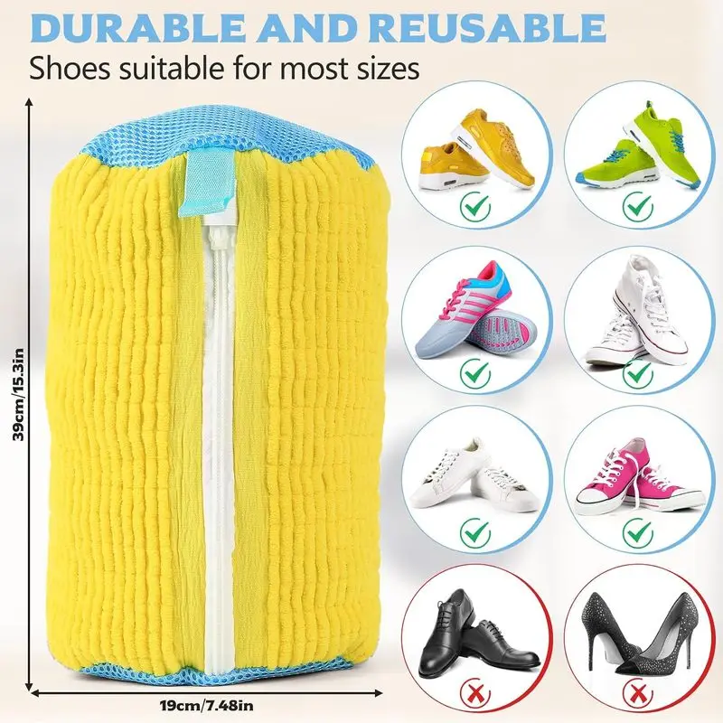 360° Zipper Mesh Shoe Wash Bag for Machine - Yellow, protects trainers in wash. Reusable, durable, yellow. hj