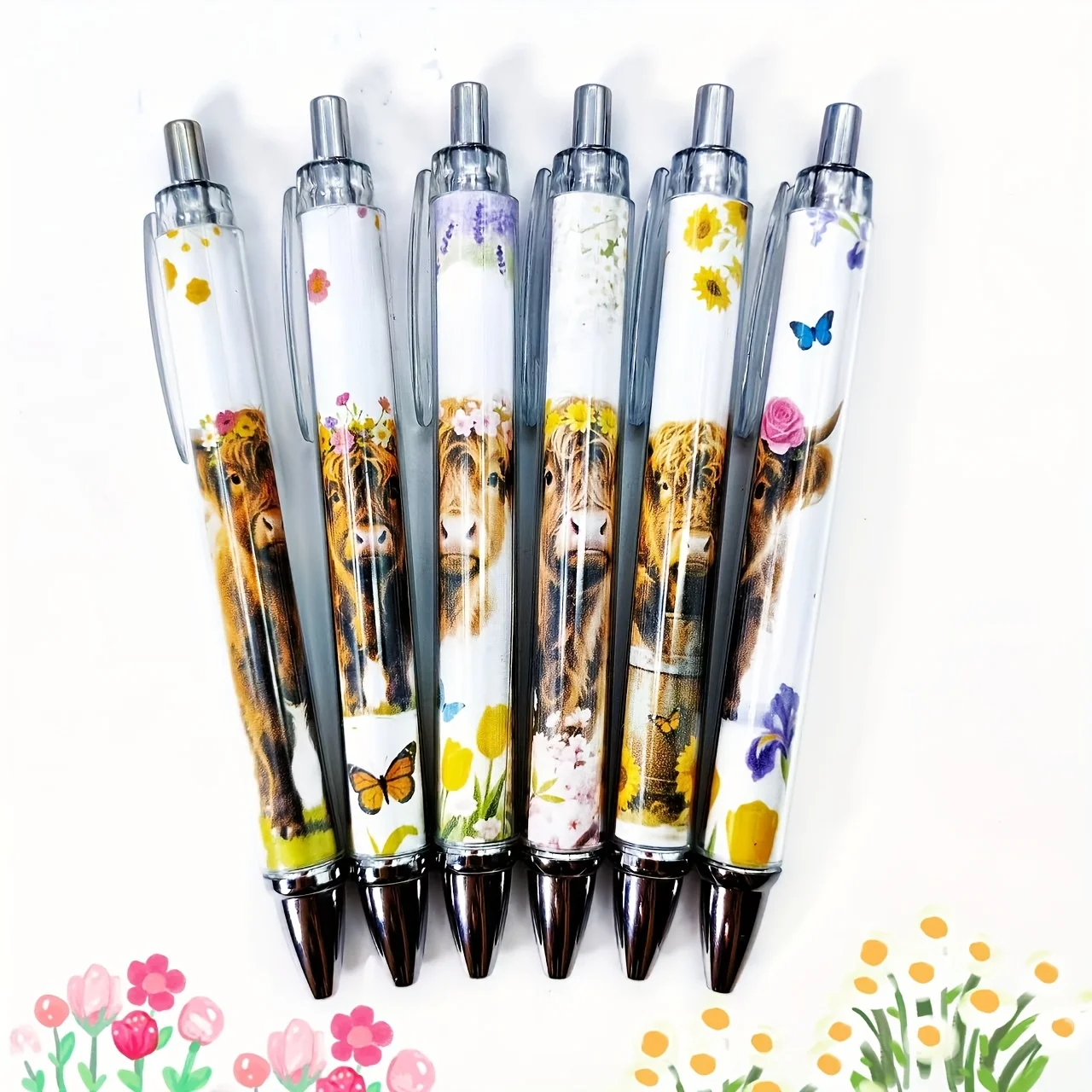 

6 шт./12 шт. шариковые ручки Highland Cow Floral Series, подходящие для школы, дома или офиса, подарочные ручки для школьников