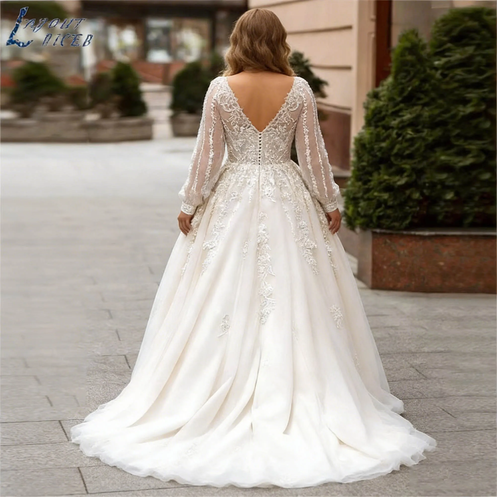 LAYOUT NICEB Vintage A-Line Plus Size Wedding Dresses Classic Long Puff Sleeves Bridal Gowns Backless Tulle Robe De Mariee 2024 image 3