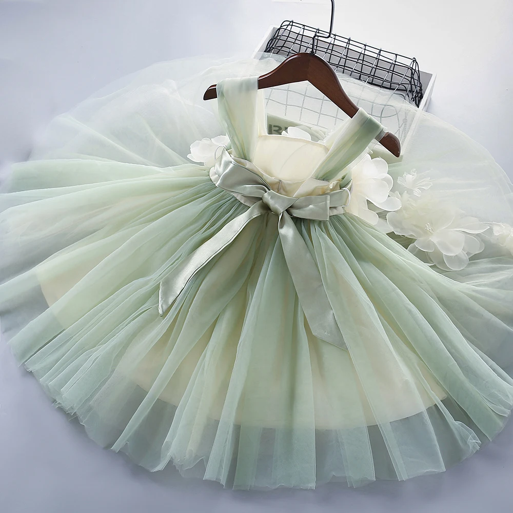 3-10 Years High Quality Summer New Green Floral Draped Ruched Kid Children Clothing Girl Party Birthday Princess Dress