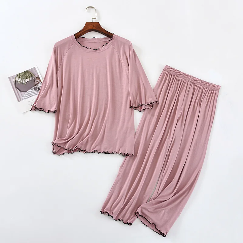 Large Size Modal Pajamas Women\'s Summer Home Clothes Solid Color Night Wear Suit Half Sleeve Capri Pants Set Ladies Sleepwear