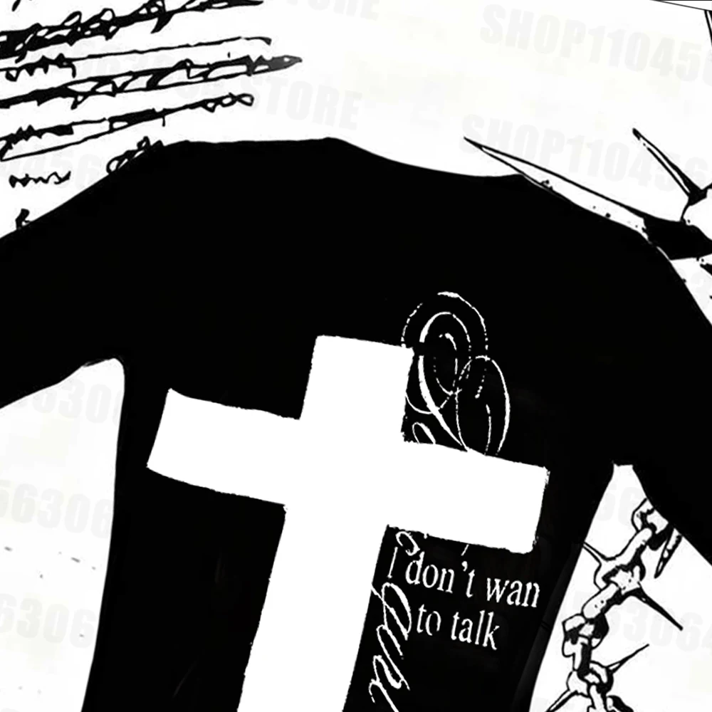 하라주쿠 미학 고딕 크로스 프린트 펑크 소녀용 긴팔 티셔츠 섹시하고 독특한 프린트 캐주얼 탑 Y2K 여성 스트리트