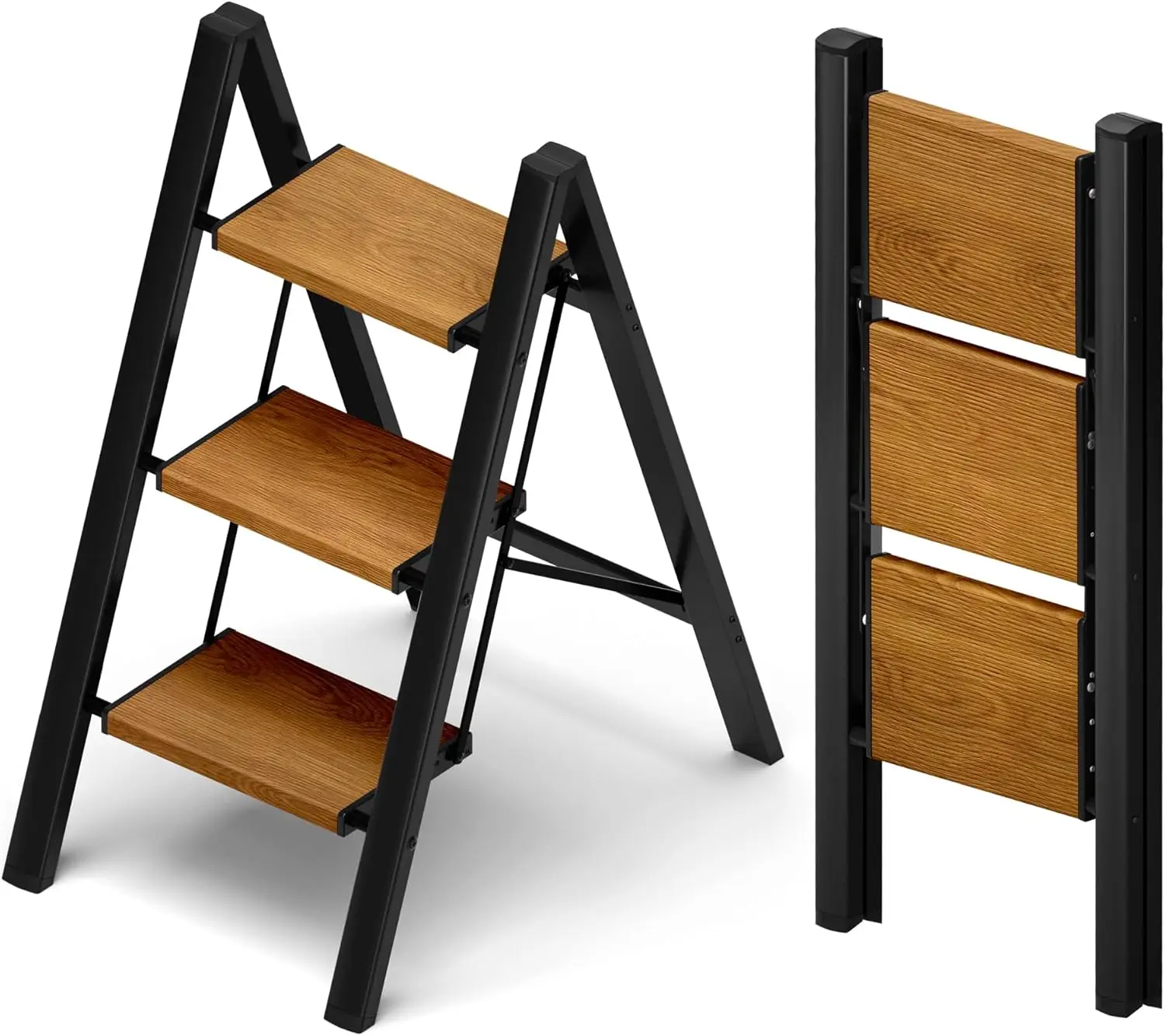 

Lightweight Folding 3-Step Aluminum Ladder with Anti-Slip Pedals, 330lbs Capacity for Home, Kitchen, Office - Black Woodgrain
