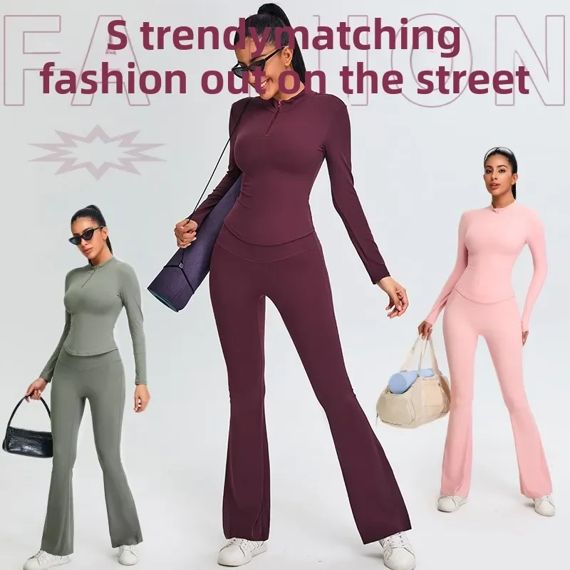 

2-Piece Slimming Yoga Set - gym New Women's Half-Zip Sport Top & Flared Wide-Leg Yoga Pants, Breathable for Pilates & Gym