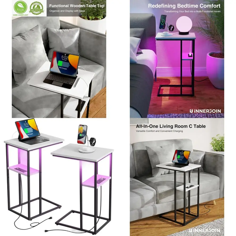 

Пара белых C-образных приставных столиков со светодиодной подсветкой, USB-порта для зарядки для гостиной и спальни.