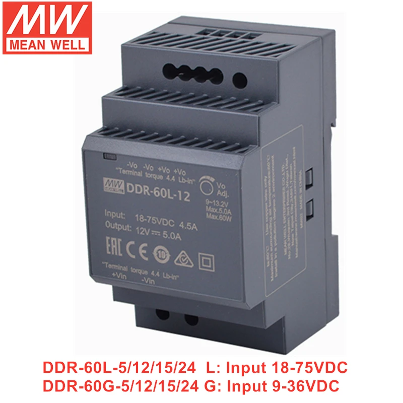 MEAN WELL DDR-60 Series Power Supply 60W Slim DIN Rail DC-DC Converter DDR-60L-5/12/15/24 DDR-60G-5/12/15/24