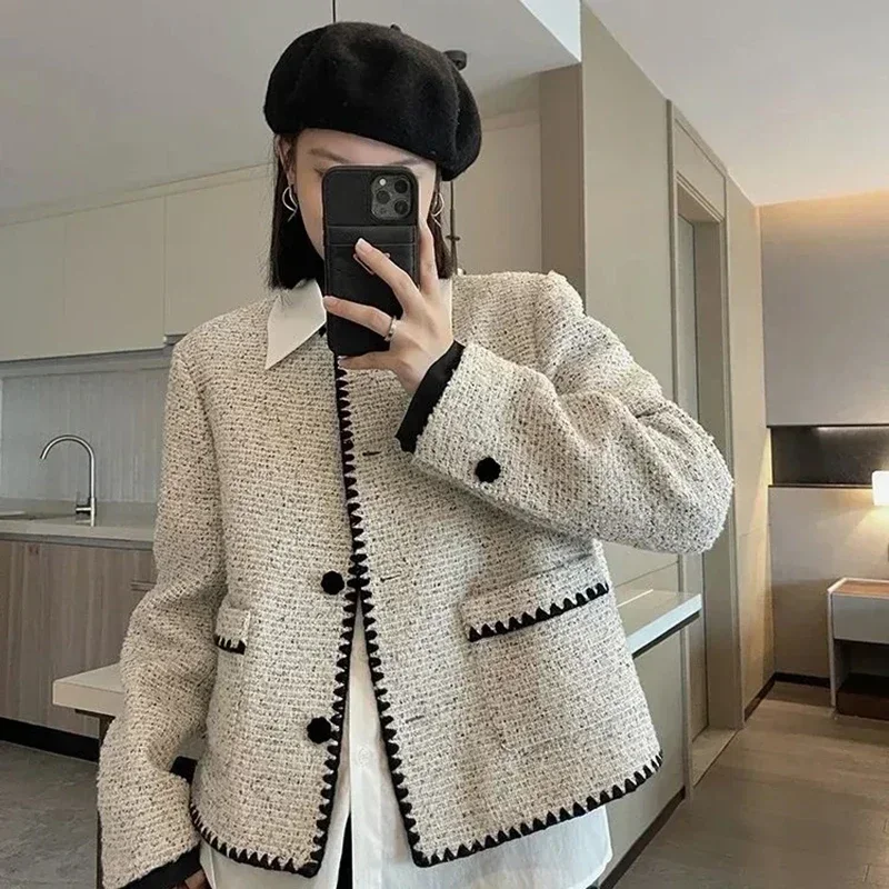 Elegante kurz geschnittene Tweed Jacken Frauen Vintage kurze Mäntel Herbst Winter Büro Dame koreanische Streetwear Mode Oberbekleidung Tops neu