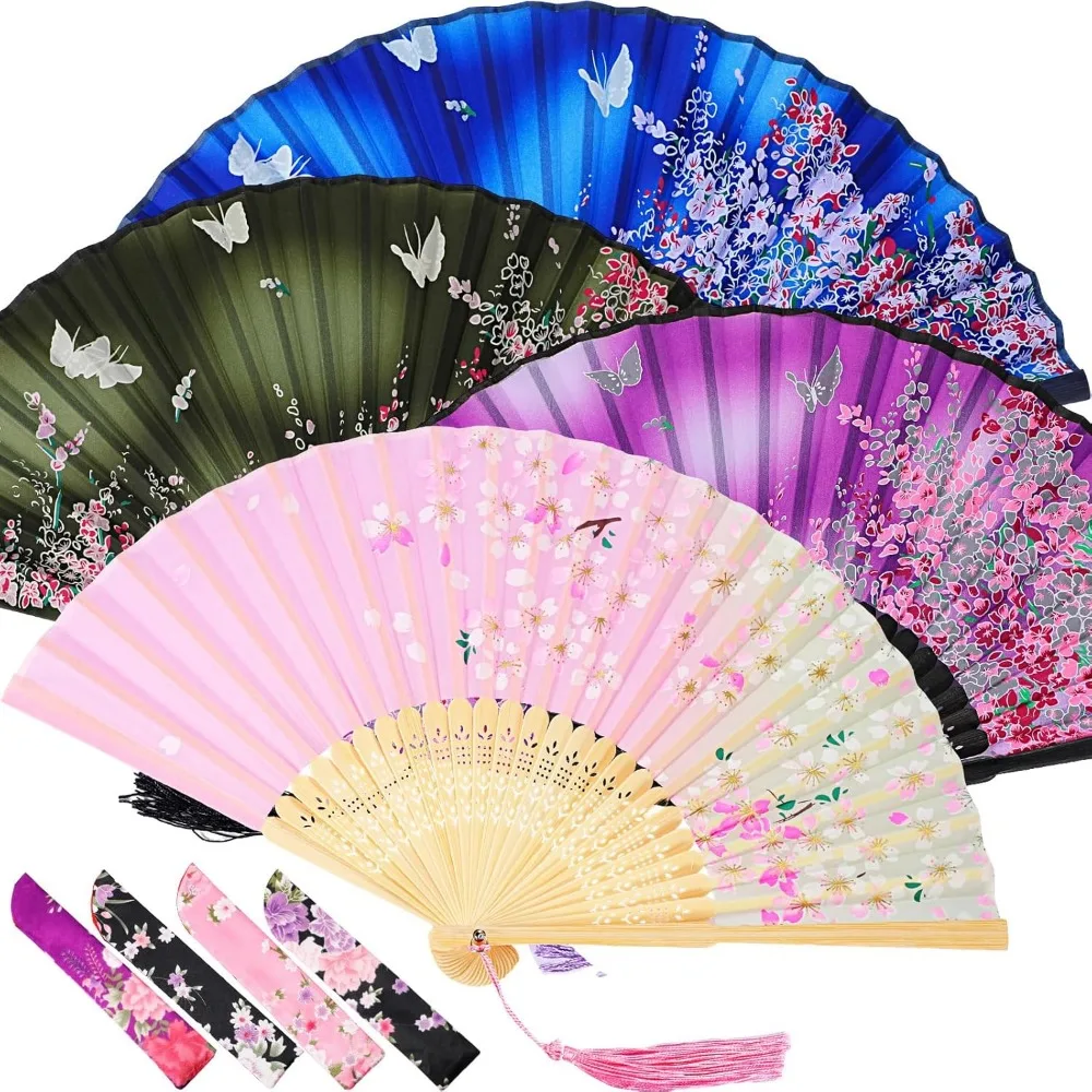 

4 Pack Handheld Floral Folding Fans Silk Bamboo with Tassel for Dancing Wedding Decor Gifts