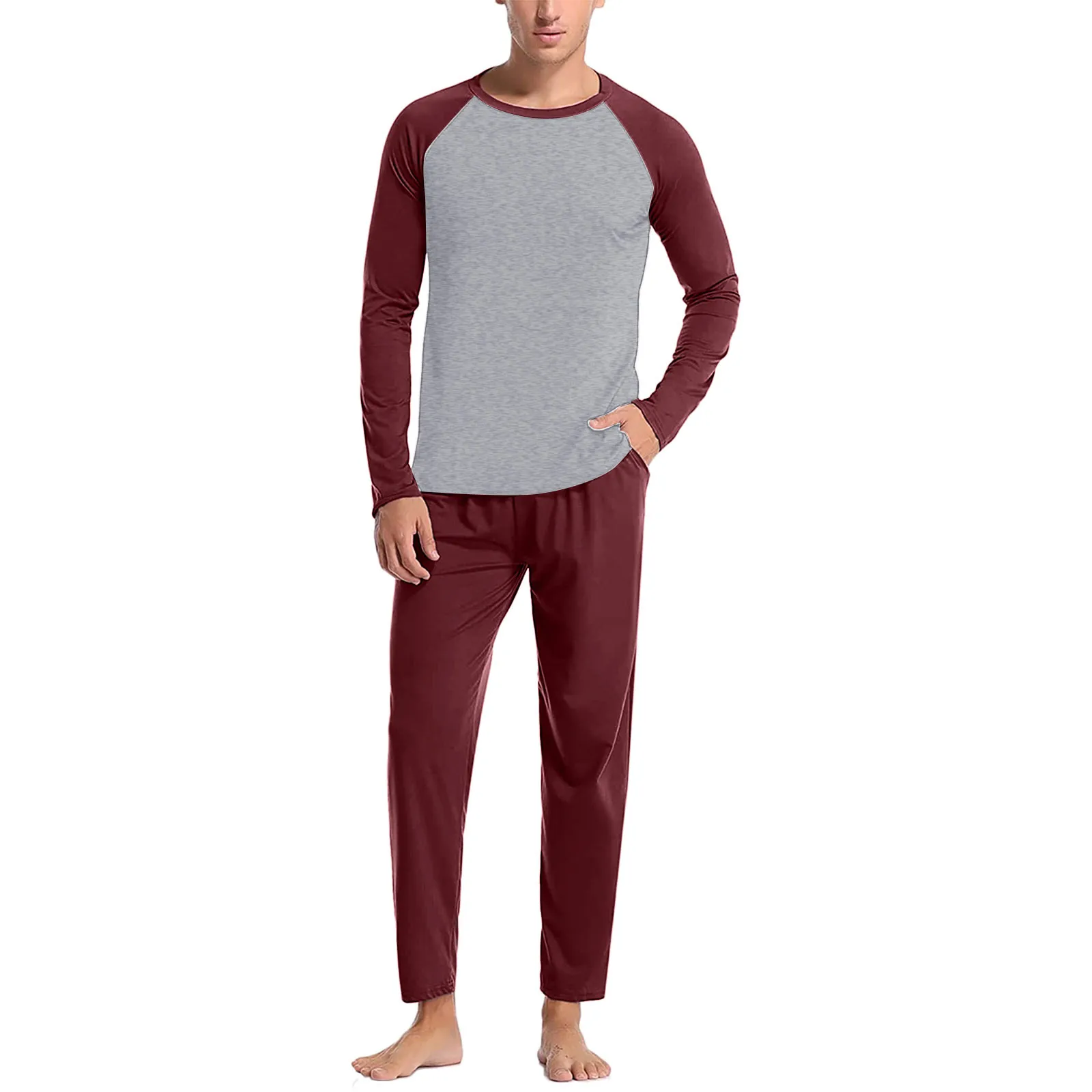 Mens Basic Pajamas Patchwork Color Long Sleeve Round Neck Pajama T-Shirt+Pant Soft Homewear Sleepwear Home Two Piece Pajama Sets