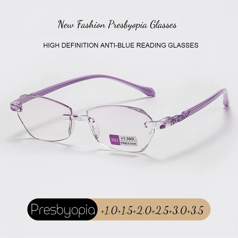 Women Diamond High Definition Reading Glasses Luxury Rimless Eyeglasses Presbyopia Men Far-sighted Hyperopia Eyewear P1.0P3.5