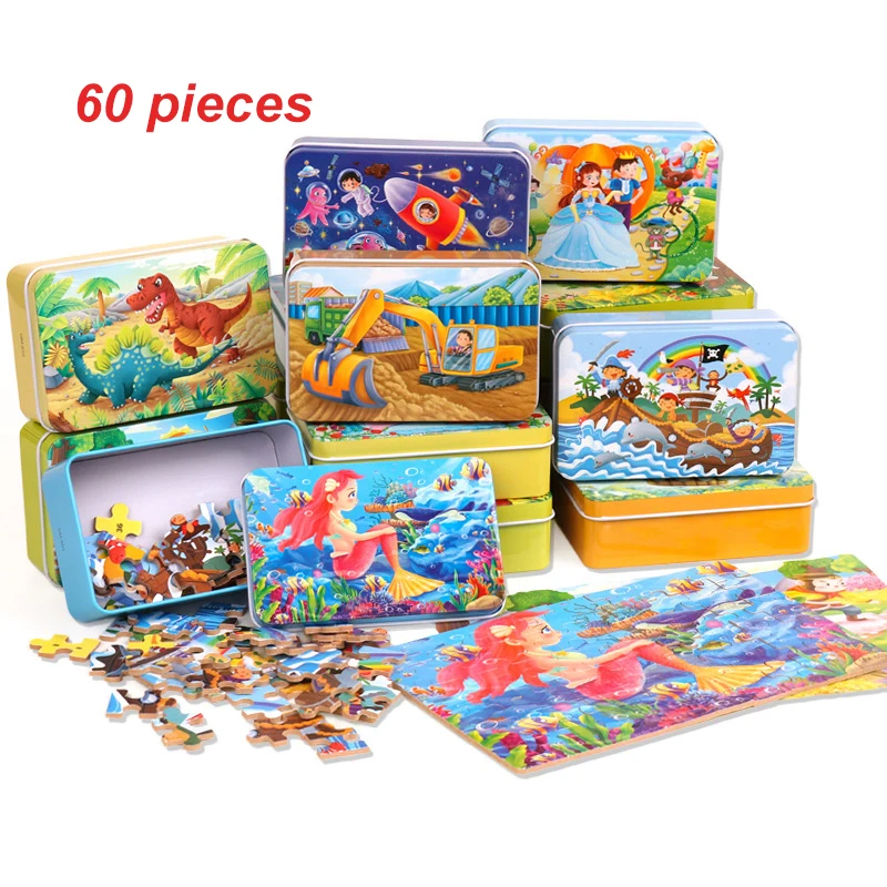 

Wood 60pcs Cartoon Puzzle Animal Dinosaur Princess Puzzles and jigsaws Puzzle Games Montessori Educational Games Toys for Kids