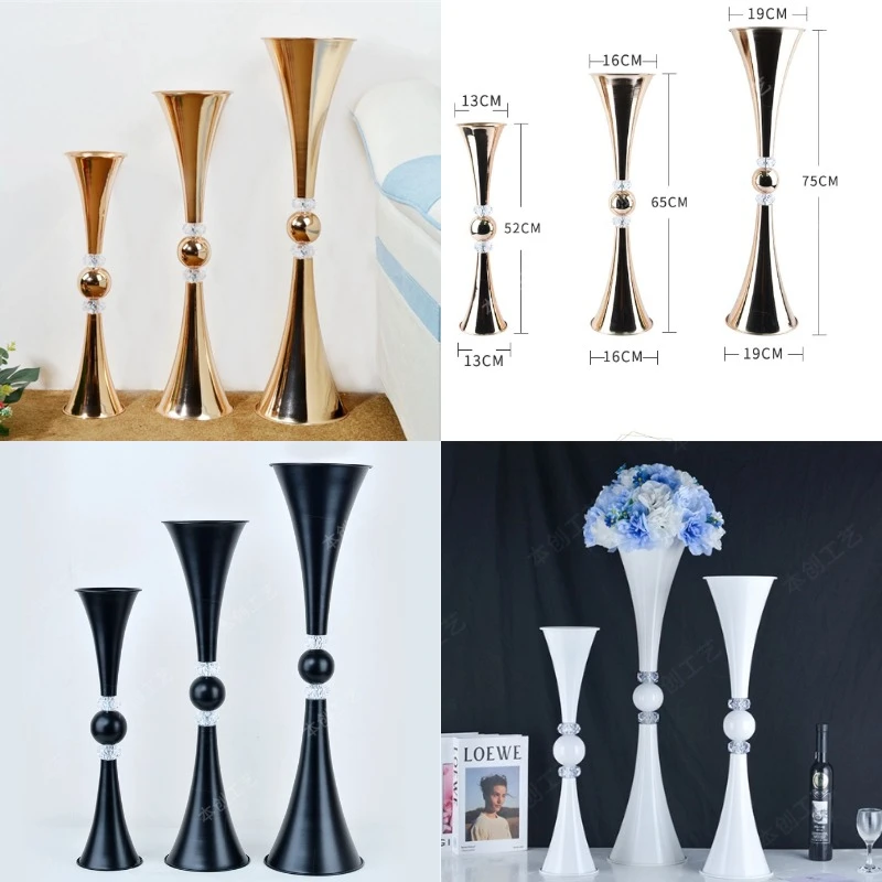 10pcs Metal Crystal Flower Stand Floral Vase Wedding Supplies Gold White Black For Table Decoration Centerpieces Walkway Props