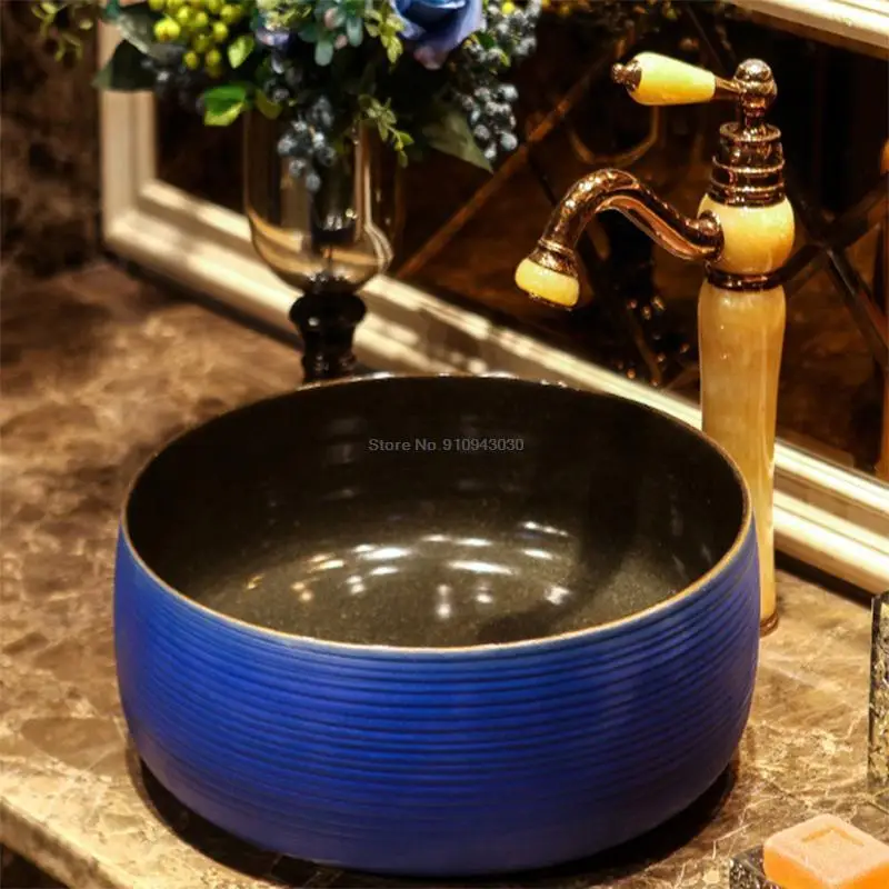European Art Color Glaze Ceramic Countertop Basin Metal Coated Bathroom Sink Wash Basin