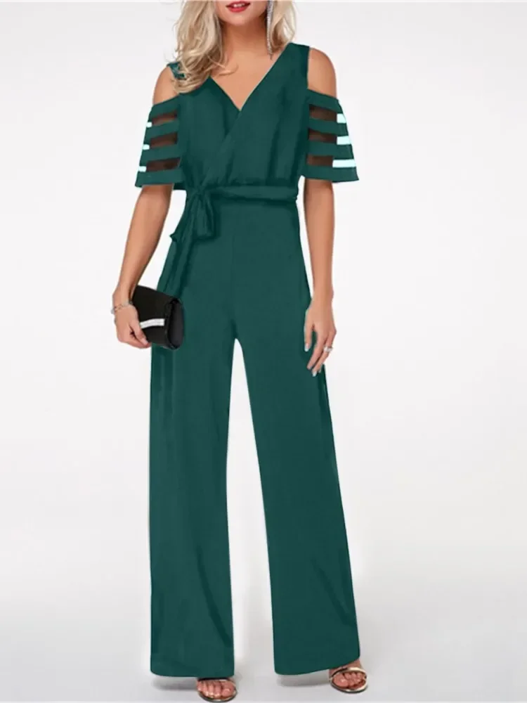 

Women's Fashion Summer Off Shoulder V-neck Wide Leg Pants Integrated Casual Belt Wide Leg Pants Loose Belt Wide Leg Pants