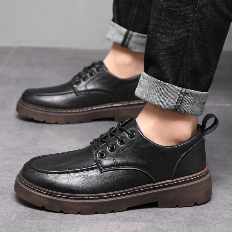 

2026 Spring Luxury Men Business Leather Shoes Fashion Men's Casual Platform Oxfords Lace-up Black Classic Non-slip Derby Shoes