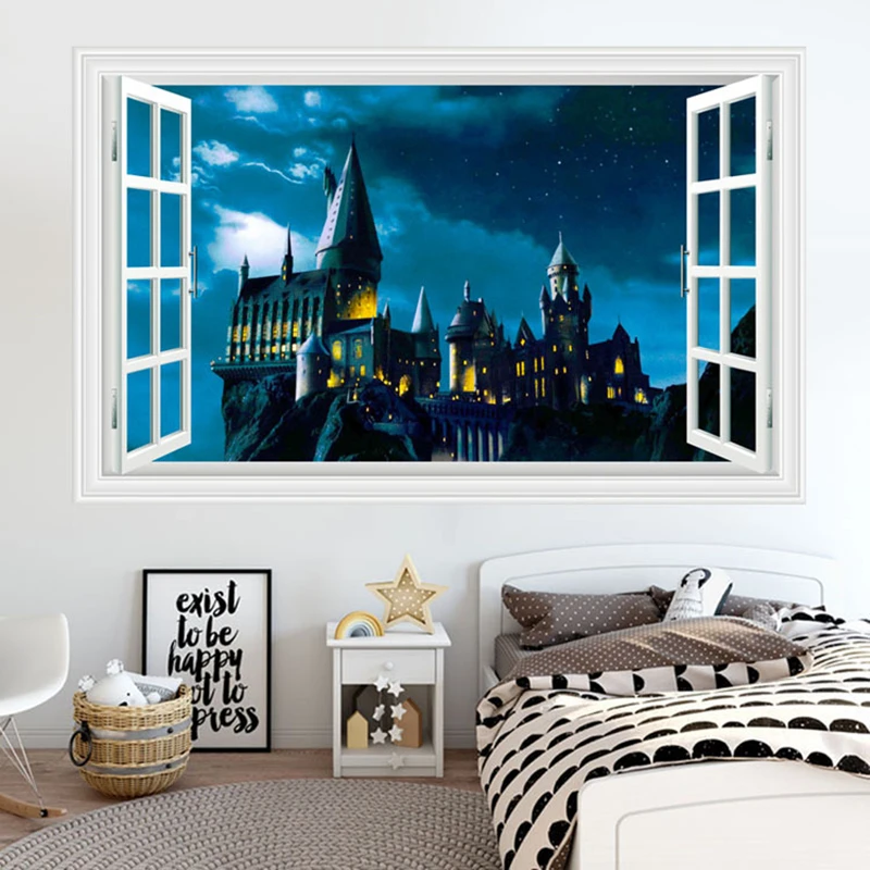 Magical Boy Fake Window Art Fantasy Castle Vinyl Wall Stickers Kids Game Home Decoration for Living Room Bedroom Movie Poster