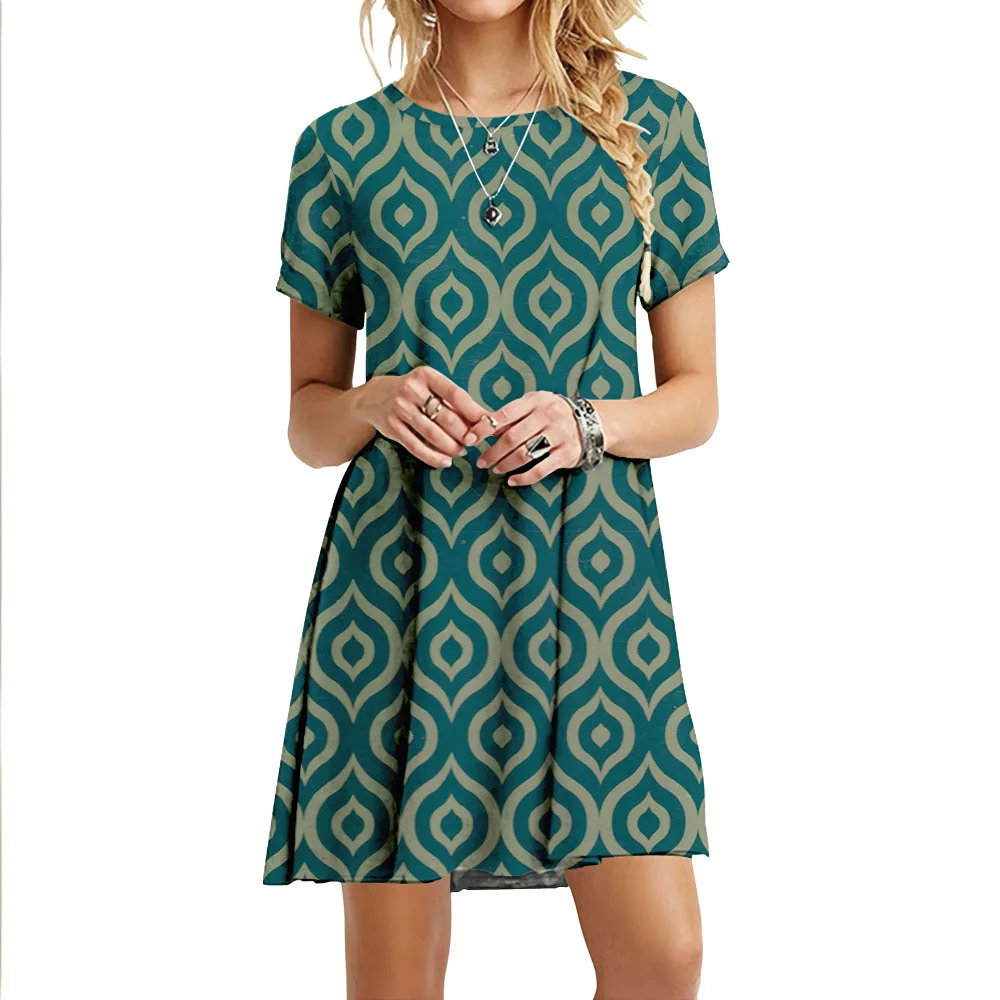 2022 New Summer Women Vintage 3D Print Dress Fashion Short Sleeve Ladies Oversized Dress Casual O-Neck Loose Sundress Vestidos