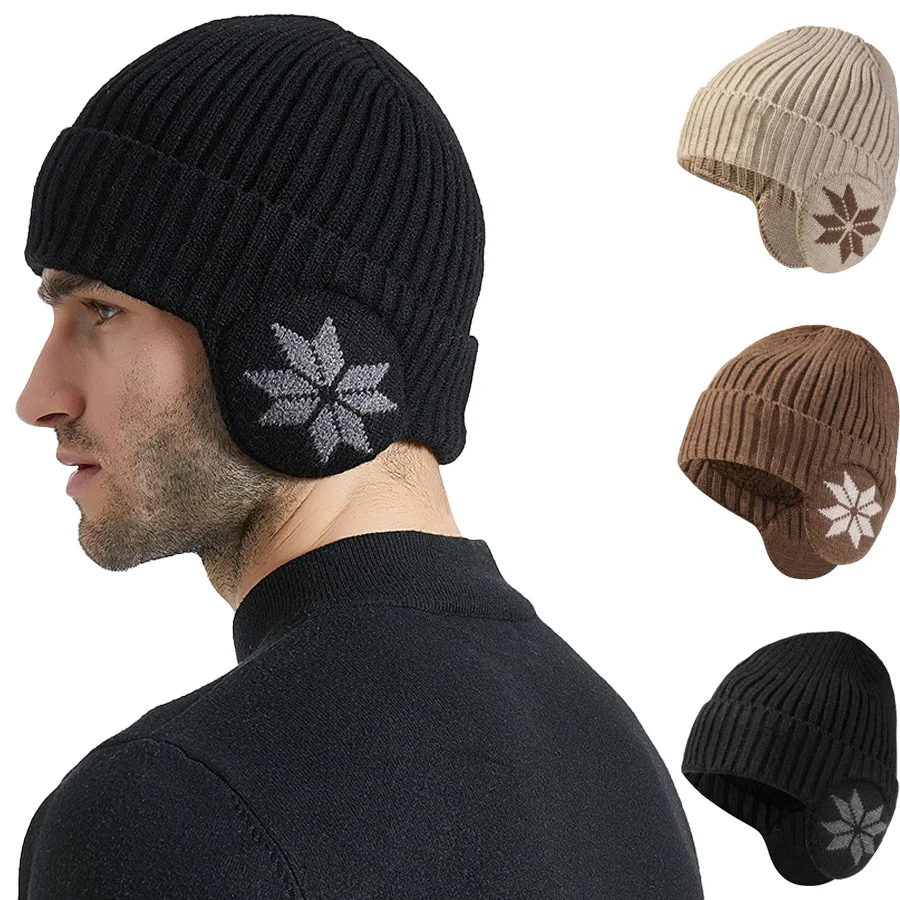 

Winter Warm Ear Protector Knitting Beanie Knitted Hats, Soft Knit Lazy Slouchy Beanie Skiing Cycling Black Hats for Man Women