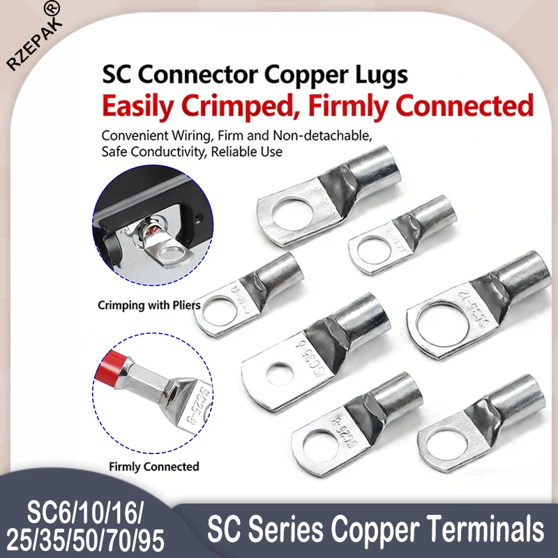 

5-50PCS SC Series Copper Crimp Wire Terminals - SC6-SC95 6/8/10/12mm Hole ID for Battery & Electrical Wiring
