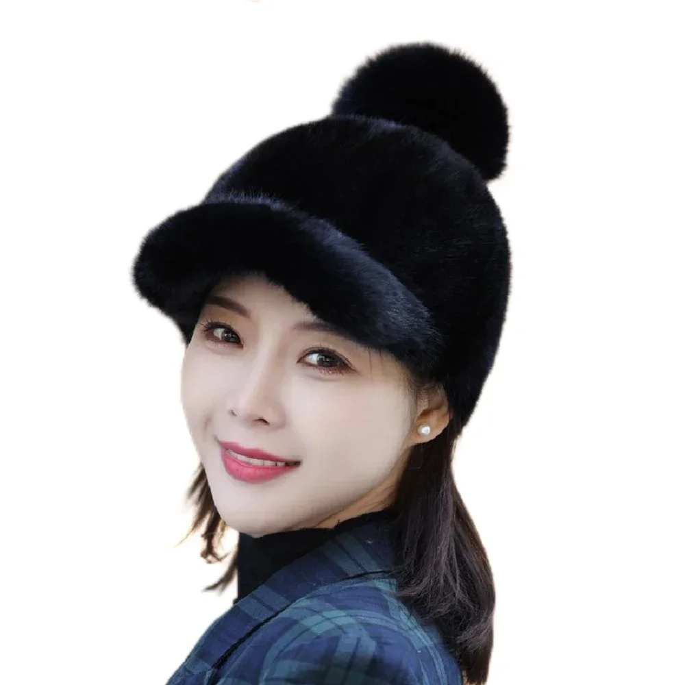 

Women Real Mink Fur Baseball Hat Winter Warm Peaked Cap Fox Fur Pompom Handmade