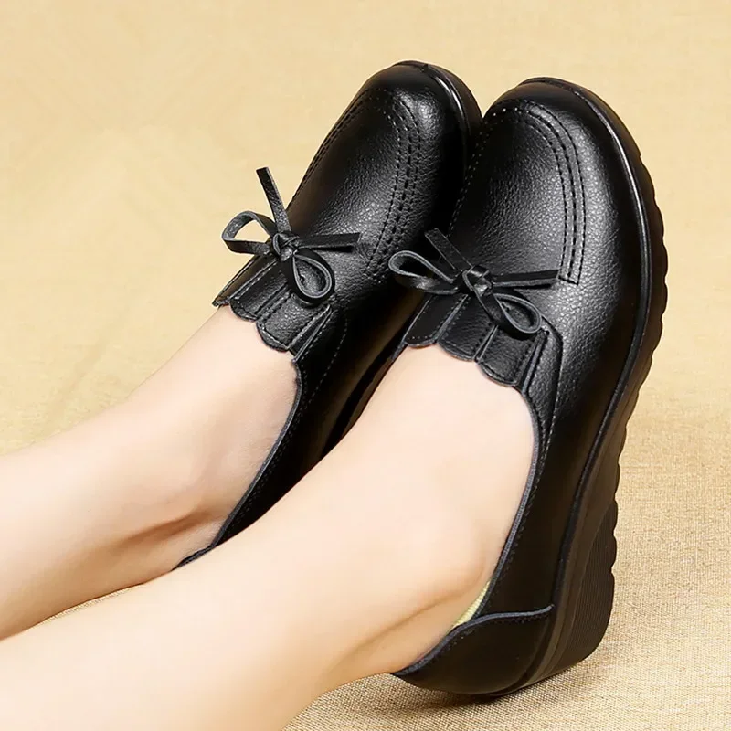 YAERNI autumn new fashion lace-up women high heels shoes woman wedge leather single casual shoes comfortable women pumps 35-41