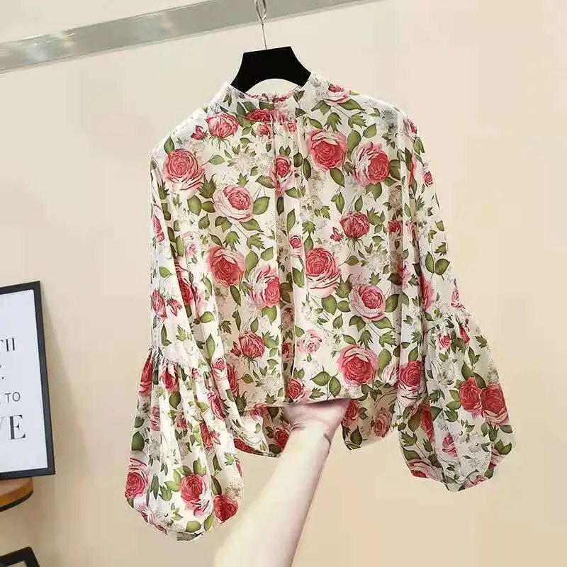 Yellow Floral Print Vintage Chiffon Stand Collar Lantern Sleeve Pullover Women\'s Blouse Shirt Female Tops Woman Clothing Fashion