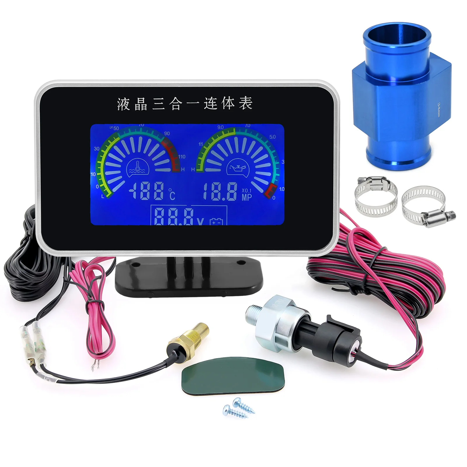 Universal LCD 12v 24v Digital 3in1 Water Temperature Gauge Oil Pressure Voltage Water Temp Meter Sensor 10mm 1/8 NPT Adapter