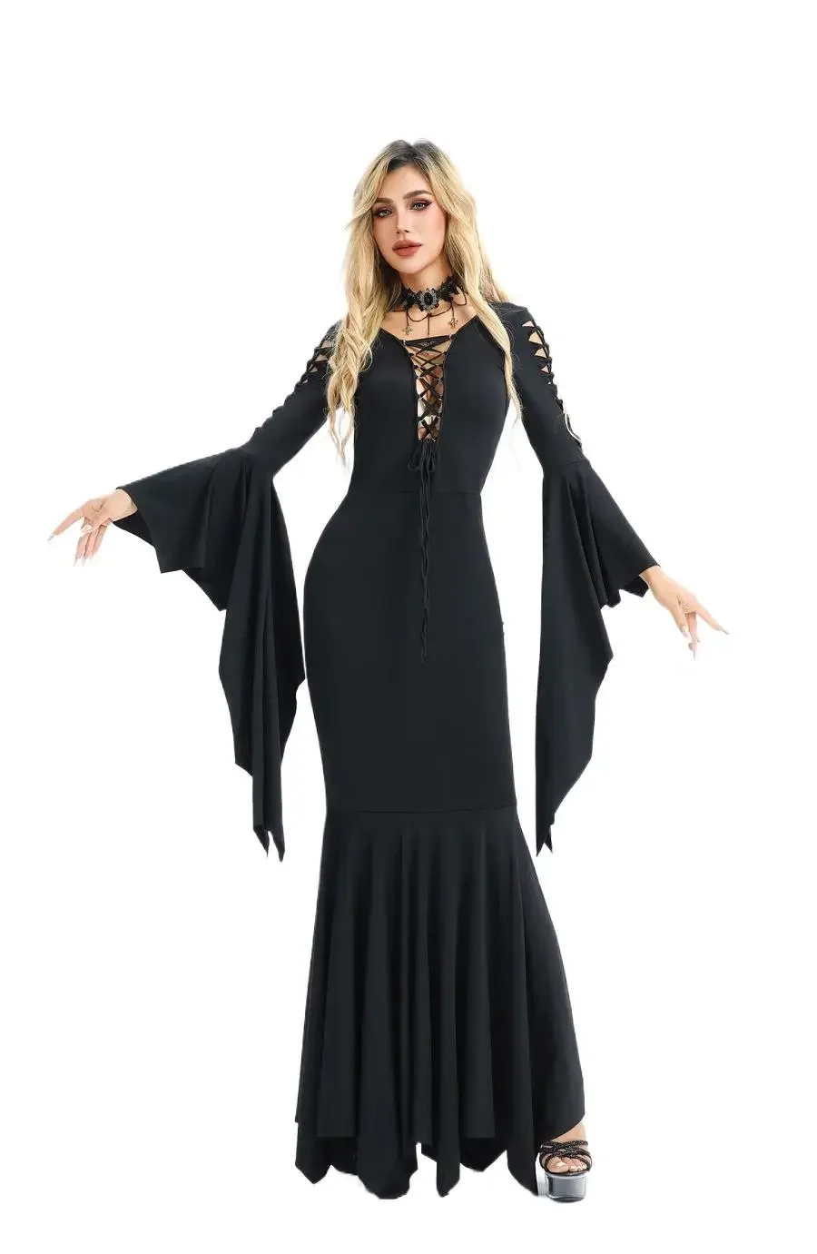 Middeleeuwse Vampier Zwarte Lace Up Jurk Gewaad Voor Vrouwen S-5XL Sexy Heks Ghost Halloween Kostuum Morticia Addam Gothic Maxi Jurk