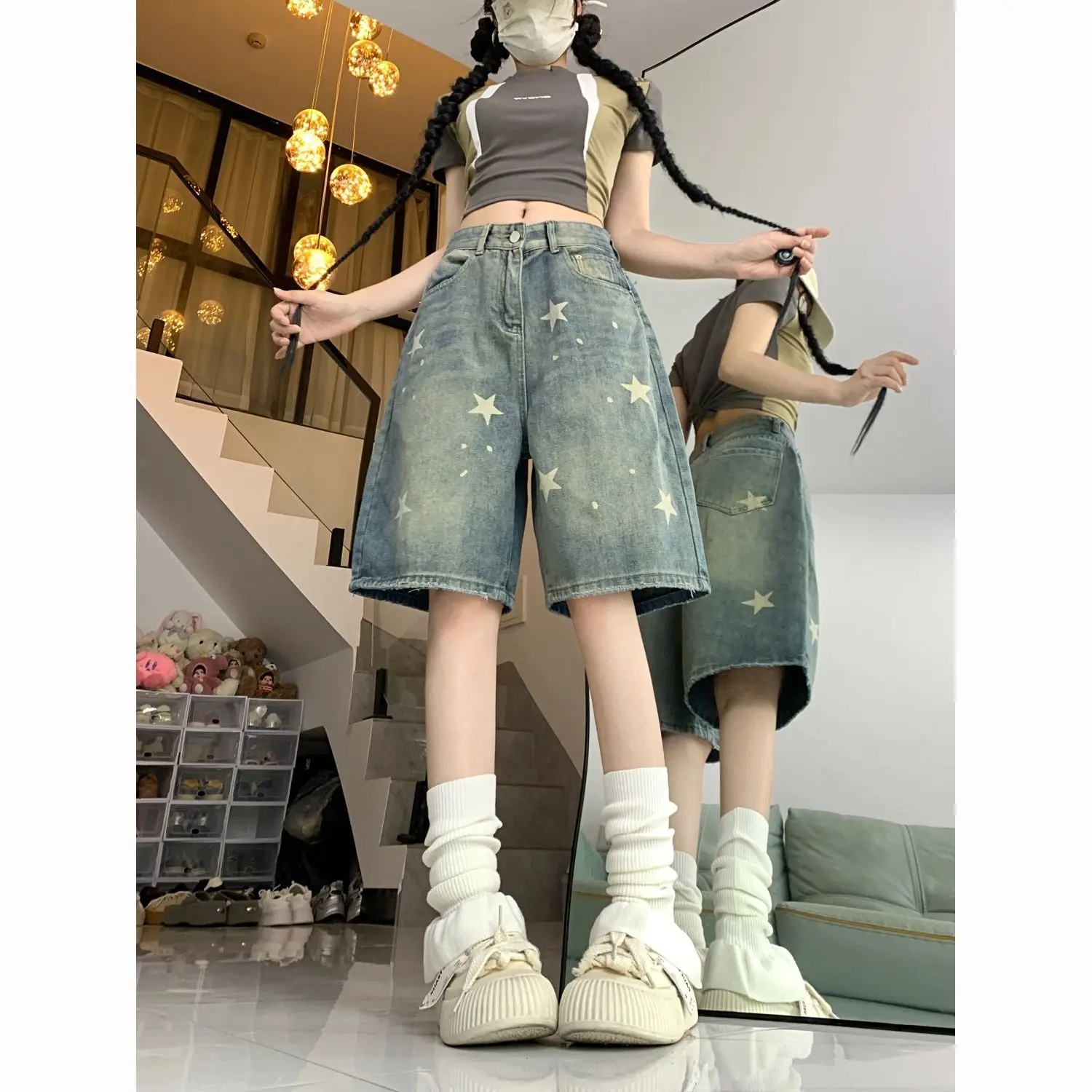 American Style Vintage Women's Short Jeans High Waisted Washed Wide Leg Denim Pants Woman Fashion Do Old Star Knee Length Shorts
