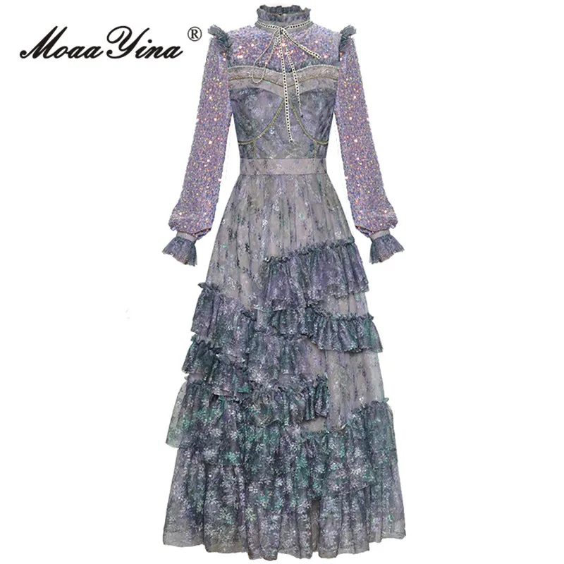 MoaaYina Autumn Fashion Designer Vintage Print Party Dress Women's Stand Collar Sequins Mesh Ruffles High Waist Slim Long Dress