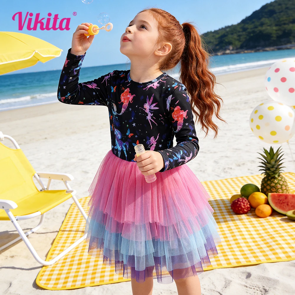 VIKITA Kleinkinder Mädchen Langarm-Tutu-Kleid aus Polyester, Kinder-Galaxie-Einhorn-Feen-Druck, mehrlagiger Tüll, Prinzessinnen-Feiertagskleider