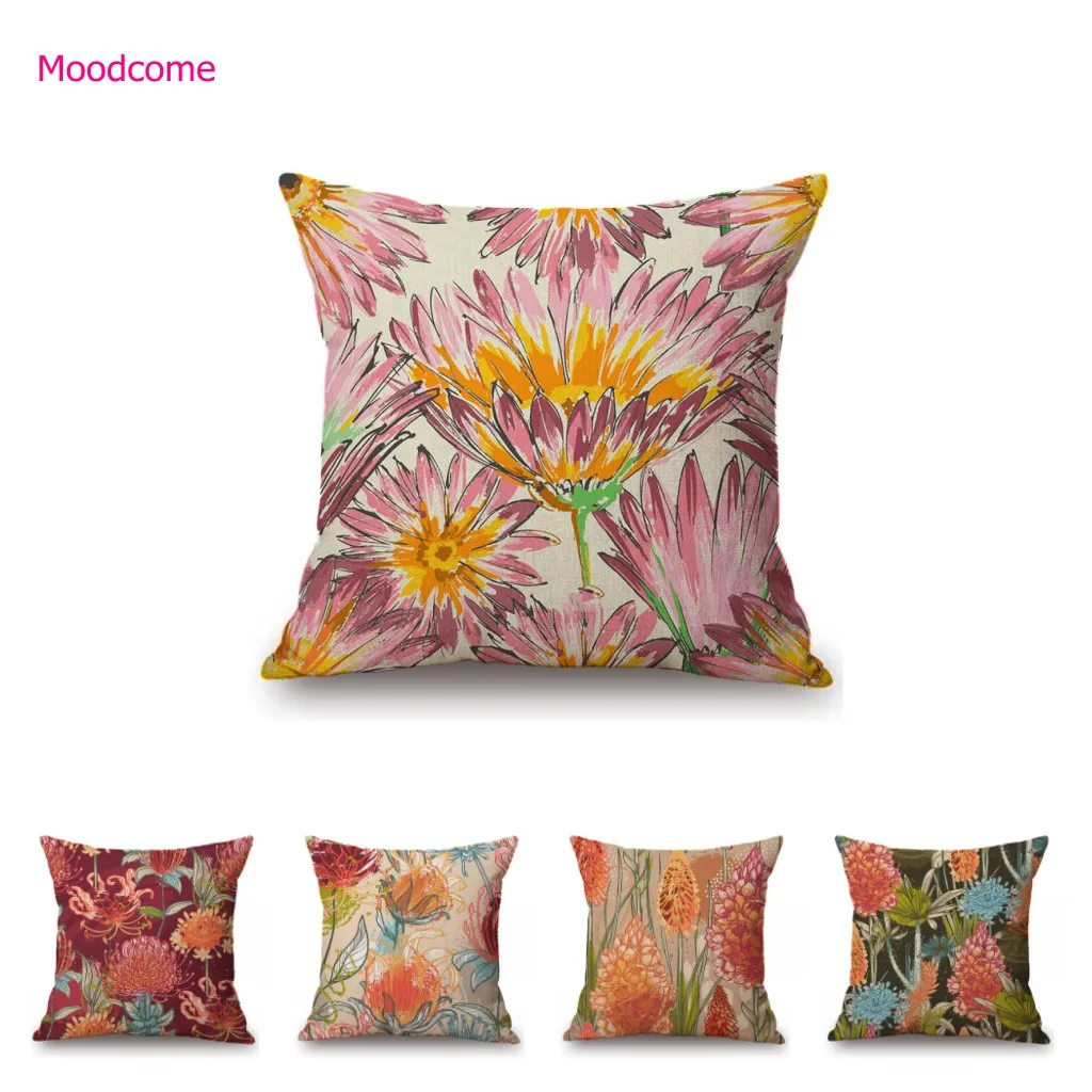 

Watercolor Chrysanthemum Flower Hand Drawn Painting Decorative Sofa Throw Pillow Case Cotton Linen Car Seat Cushion Cover