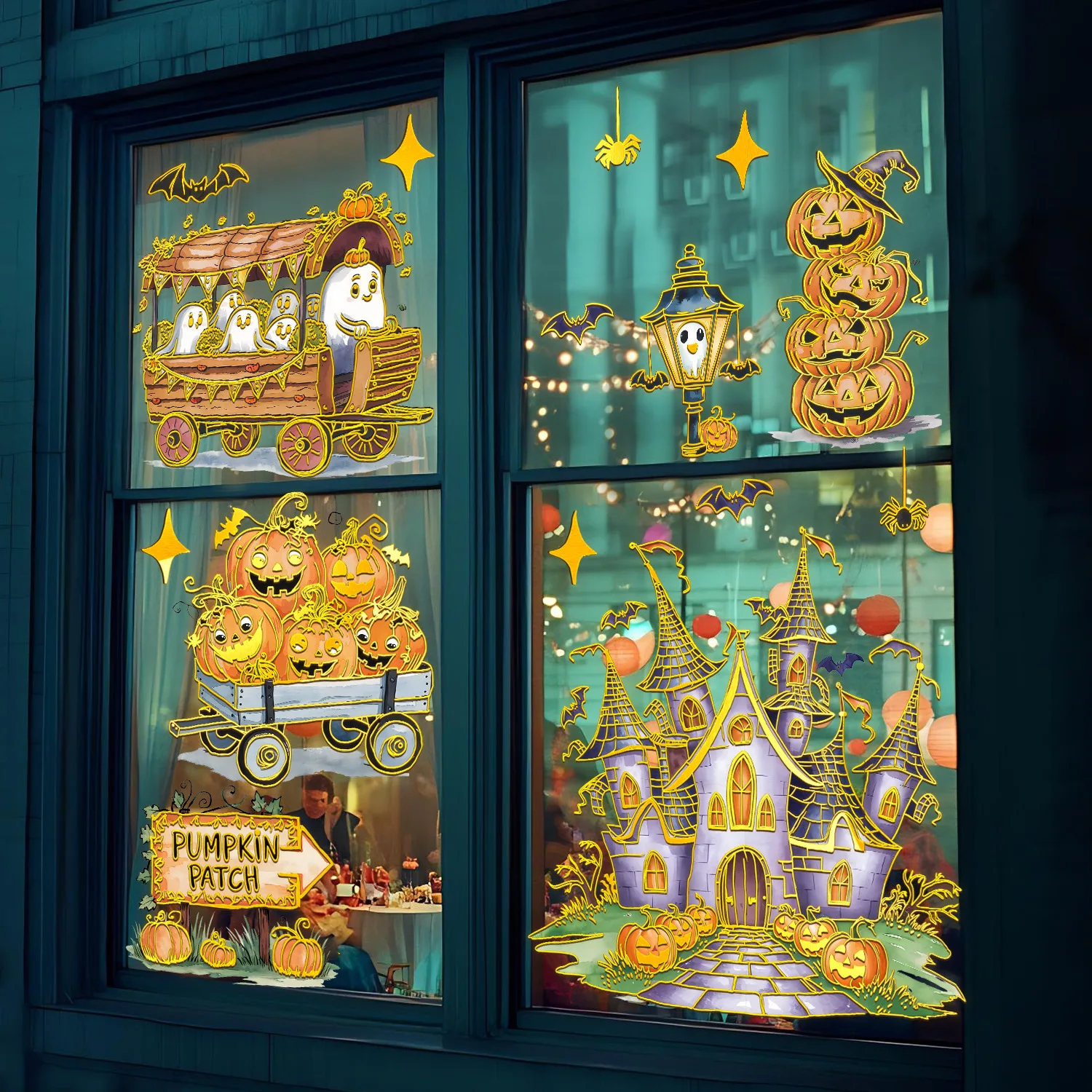 Halloween Pumpkin Carriage Window Clings - Ghost Castle Static Stickers for Spooky Glass Decor