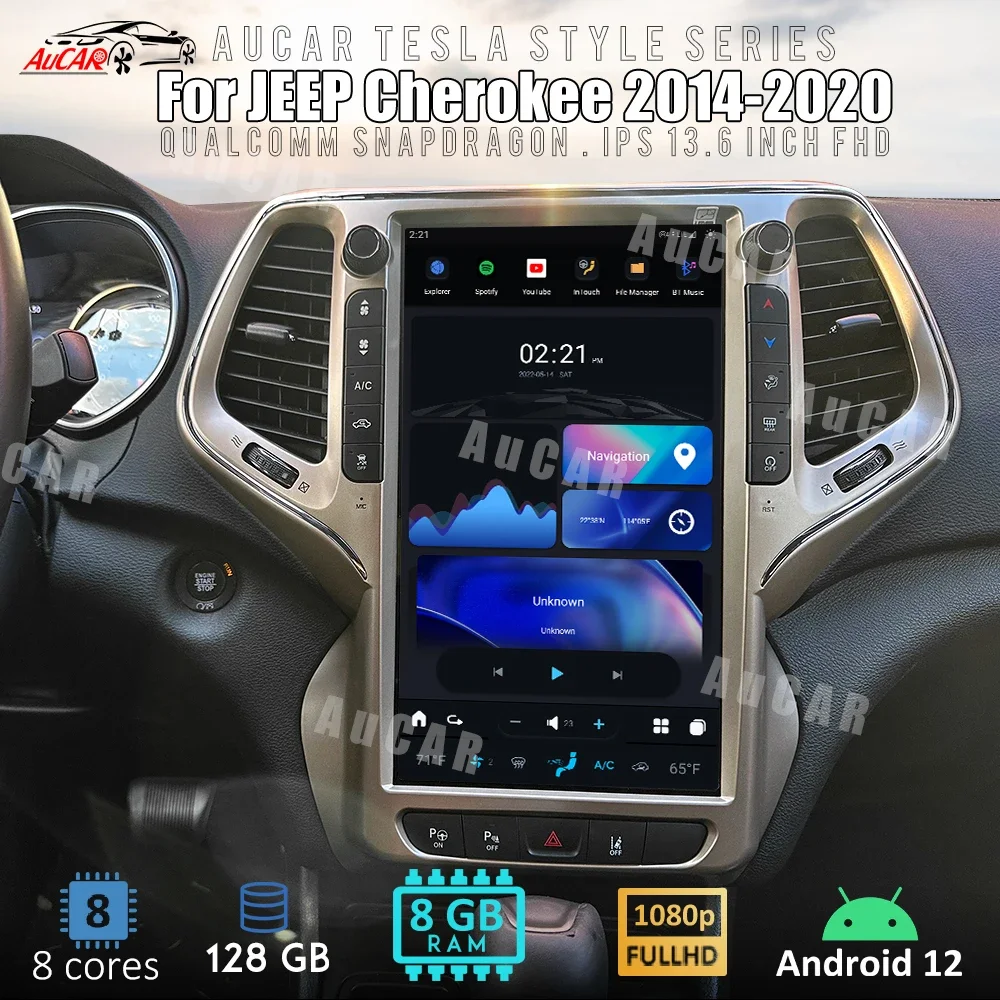 

Автомобильное радио AuCar T-Style Android 12 для Jeep Cherokee 2014-2020, GPS-навигация 1920*1080 13,6 дюймов