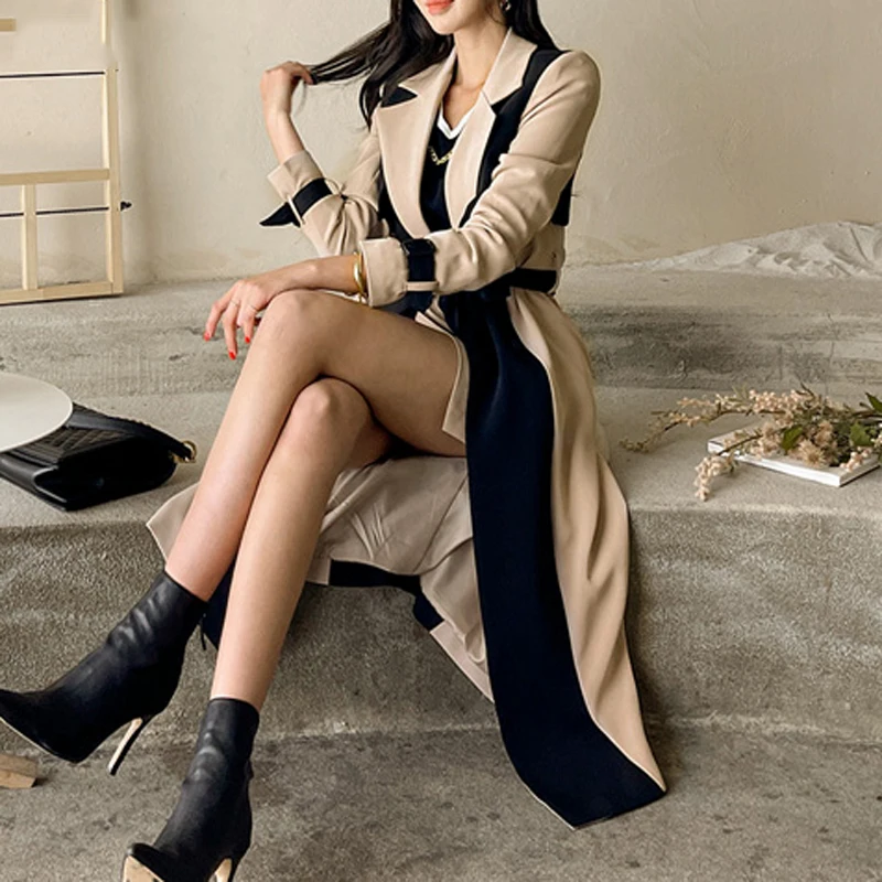 LANMREM Elegant Notched Collar Lady Patchwork Windbreaker Full Sleeve Buttons Belted Women Long Trench Coats 2024 Winter 2W1922