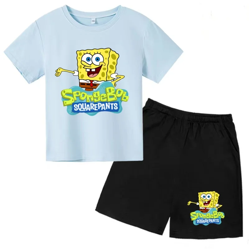 

Kids Summer Cool Round Neck SpongeBob T-shirt 3-12Y Short-sleeved Clothing Boy Girl Top+Shorts Two-piece Casual Party Sports Set
