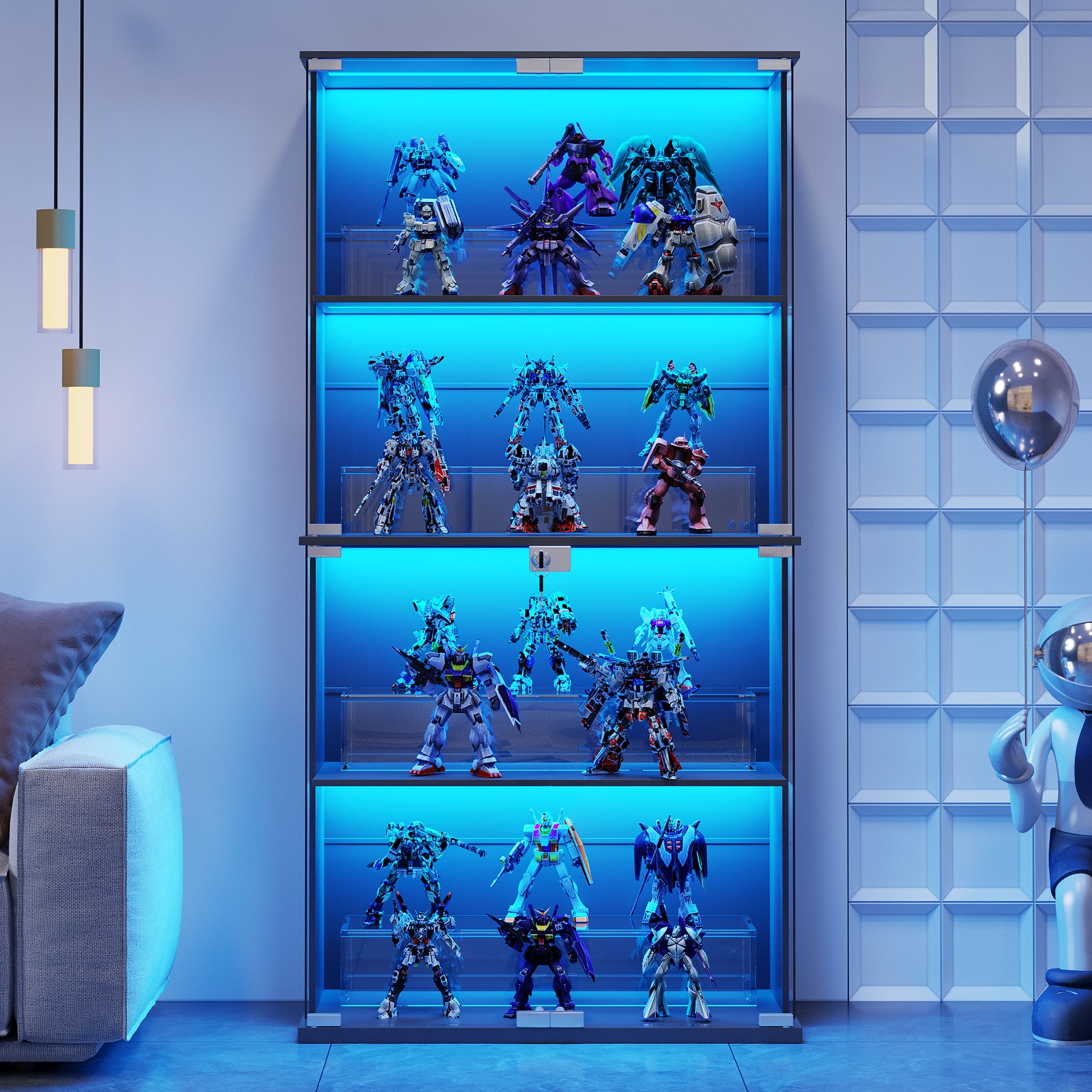 خزانة عرض JDPAG بأبواب زجاجية، خزانة تحف 66 بوصة مع رف قابل للتعديل وقابل للقفل، خزانة كتب من 4 طبقات مع 3 أضواء ملونة #1