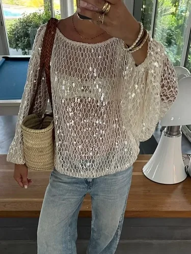 Tops cortos holgados con lentejuelas y purpurina para mujer, blusas sexys transparentes con cuello redondo y manga larga, traje para club de playa 2025