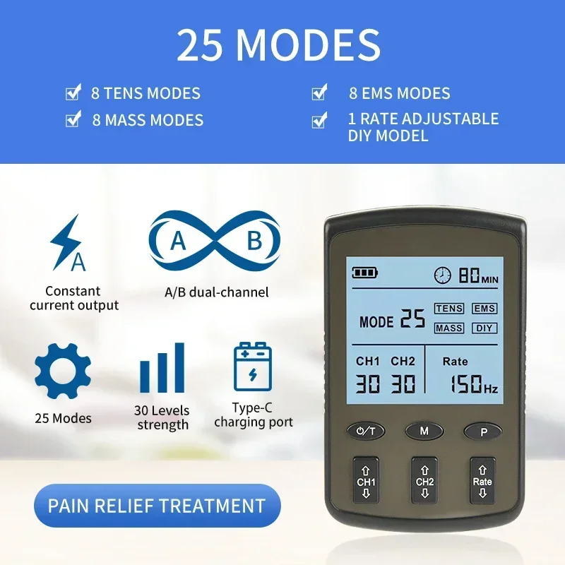 Electric Muscle Therapy Stimulator High-Frequency Interferential Physiotherapy Device TENS EMS 25Modes Adjustable Body Massag