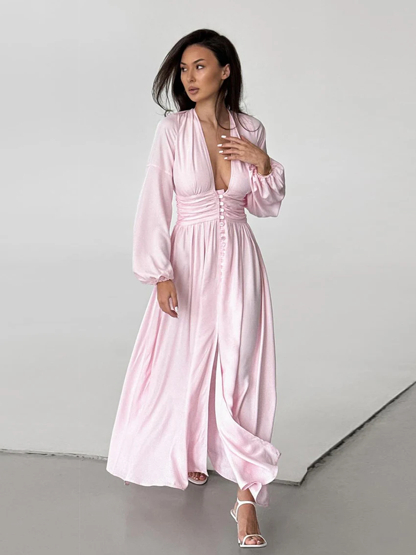 

Marthaqiqi зимние женские ночные рубашки с длинными рукавами, пижамы с v-образным вырезом, ночная рубашка с разрезом, платье до щиколотки, повседневная женская одежда для сна