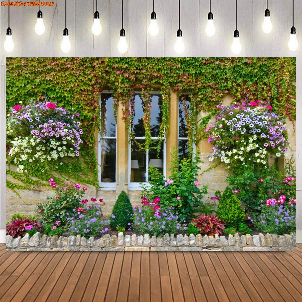 Spring Summer Village Town Photography Backdrop Spring Stone House Natural Scenery Room Decor Photographic Background Props
