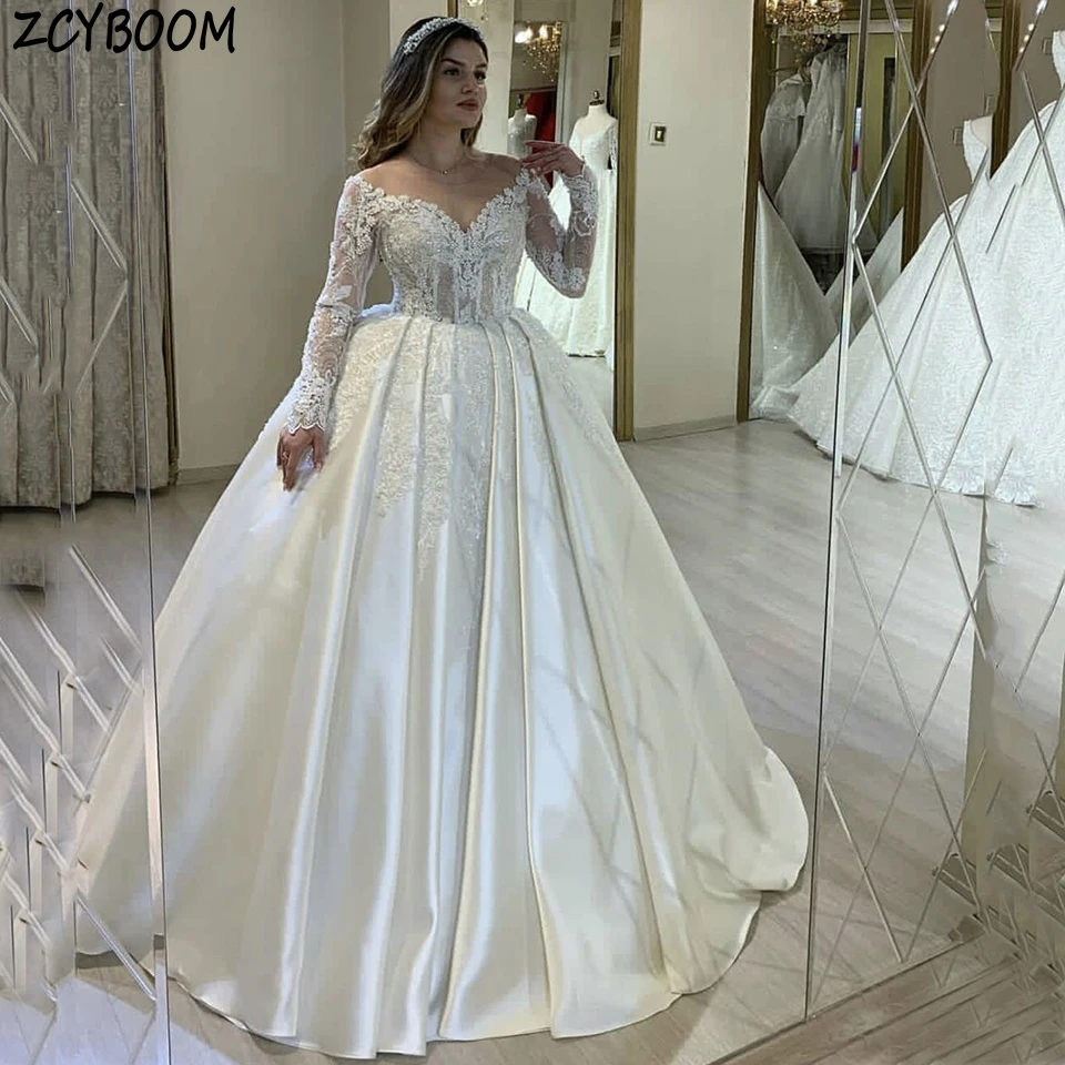 Personalizado com decote em v lantejoulas apliques sem costas mangas compridas vestido de casamento branco 2025 vestido de baile até o chão trem varredura vestido de noiva