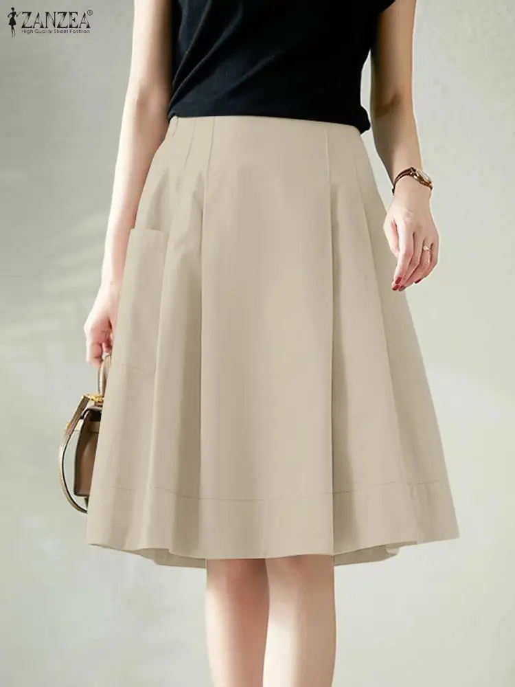 2025 Summer Elastic Waist Jupes ZANZEA Women Office Skirts Solid Pleated Knee Length Skirt Elegant A-line OL Work Faldas Saia