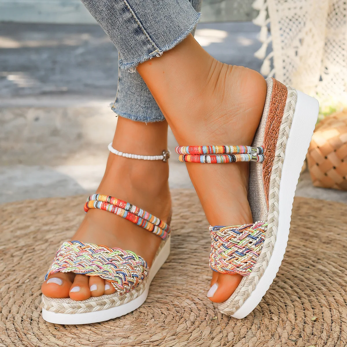 

Summer Beach Vocation Bohemian Sandals Woman Wedge Heels Colorful Woven Platform Slippers Women Plus Size 43 Sandalias De Mujer