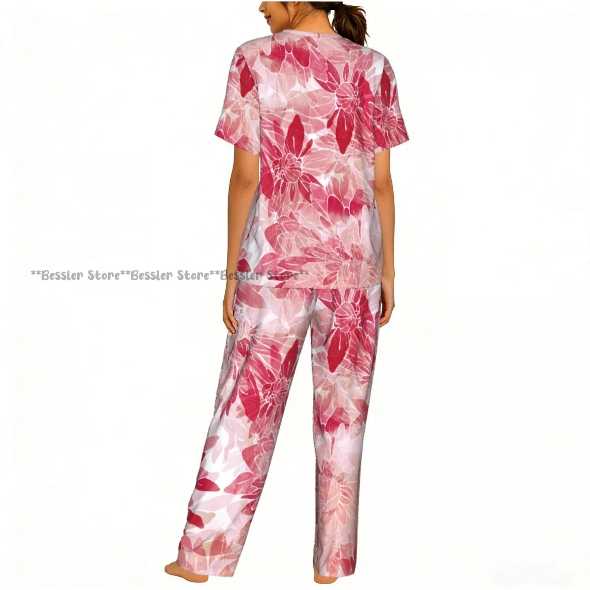 Pink Chrysanthemum Pajamas Set Short-sleeved Women Home Clothing view 4