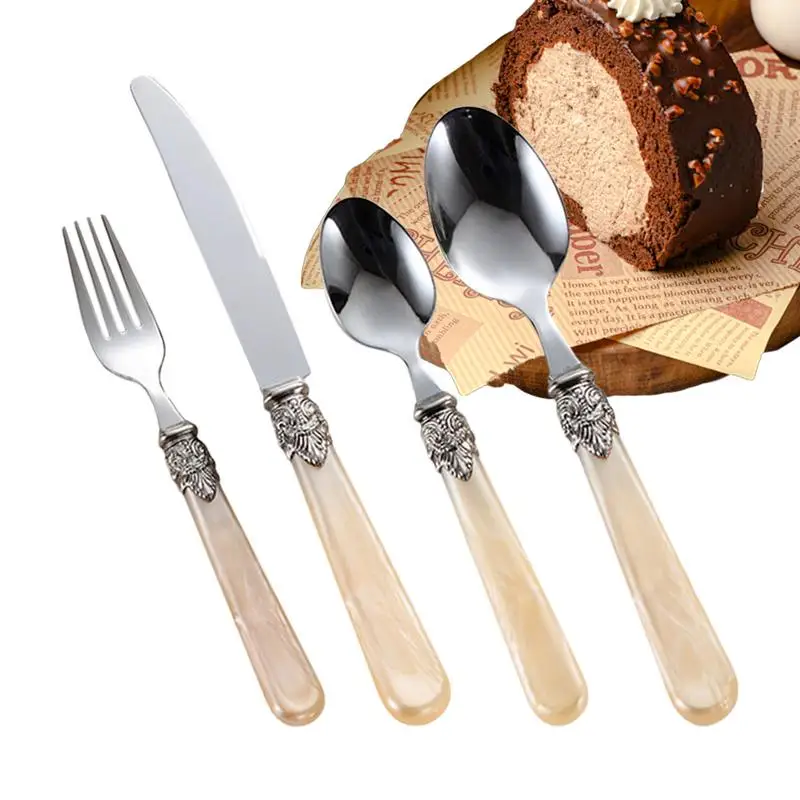 

Vintage Dinnerware Set Stainless Steel Silver Flatware Knife Fork and Spoon Serving Utensils Set high-end retro acrylic