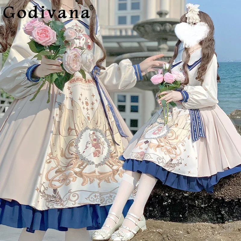 

Japanese Original Design Ruffles Print Lolita Long Sleeve Op Girly Sweet Cute High Waist Slim Fashion Dress Student Kawaii Dress