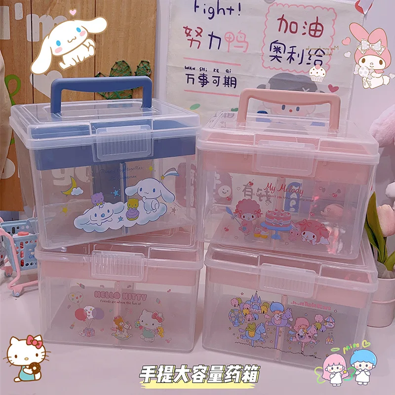 

New Cinnamoroll Portable Double Layer Transparent Organiser Anime Sanrio Home Medical Box Hello Kitty Stationeries Carrying Box